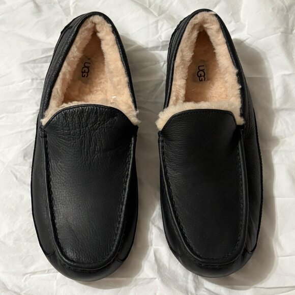 NWOT Mens UGG Ascot Leather Slippers Black Sheepskin Indoor/Outdoor Sole 14 - Picture 10 of 12